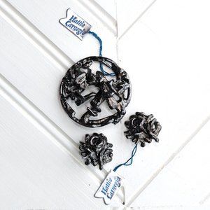 HATTIE CARNEGIE Vintage Signed Brutalist Modernist Brooch & Clip-On Earring Set